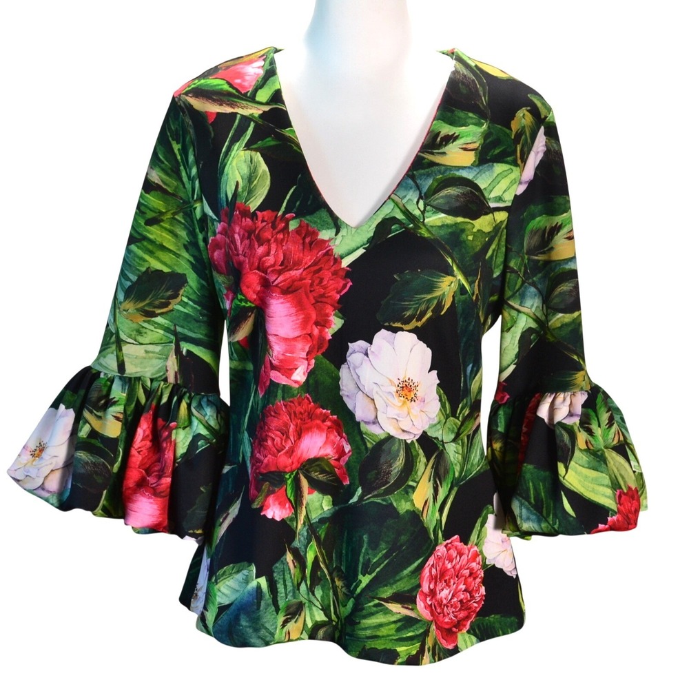 Alexia Admor Womens Floral Bell Sleeve V-Neck Blouse Black Green Red Size M Bold